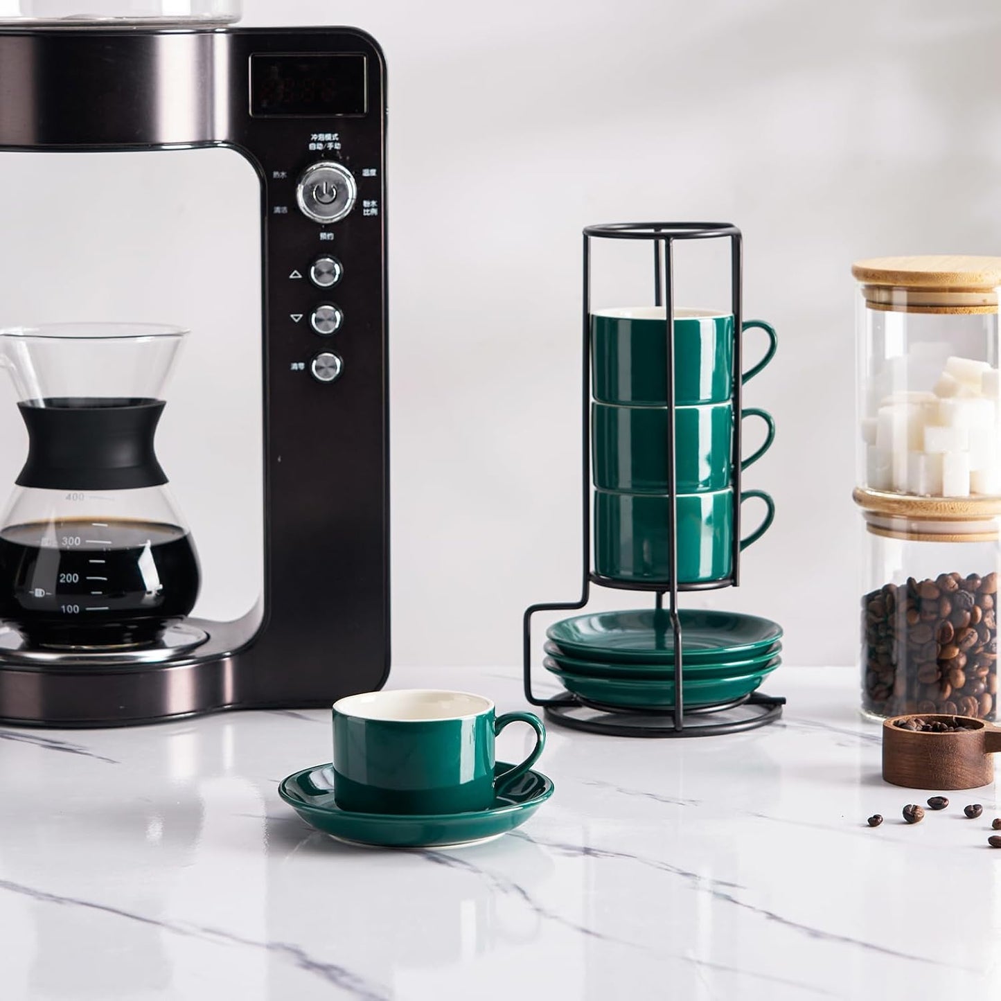 2.5oz Porcelain Stackable Espresso Cups with Saucers and Metal Stand Set of 4, Stackable Cappuccino Cups, Green Expresso Shots Cup Set for Coffee Drinks, Latte, Tea