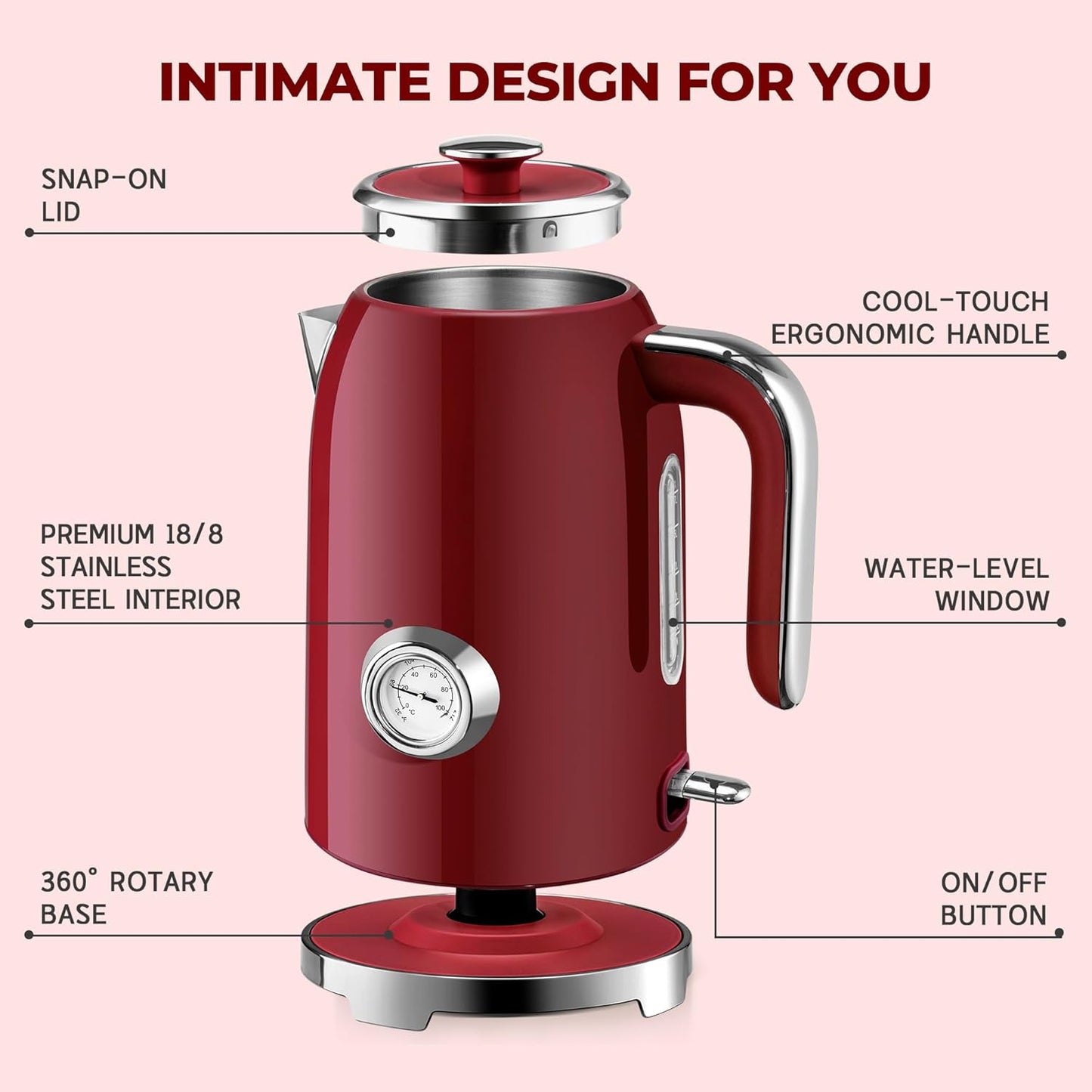 SUSTEAS Electric Kettle - 57oz Hot Tea Water Boiler with Thermometer, 1500W Fast Heating Stainless Steel Pot, Cordless LED Indicator, Auto Shut-Off & Boil Dry Protection, Red