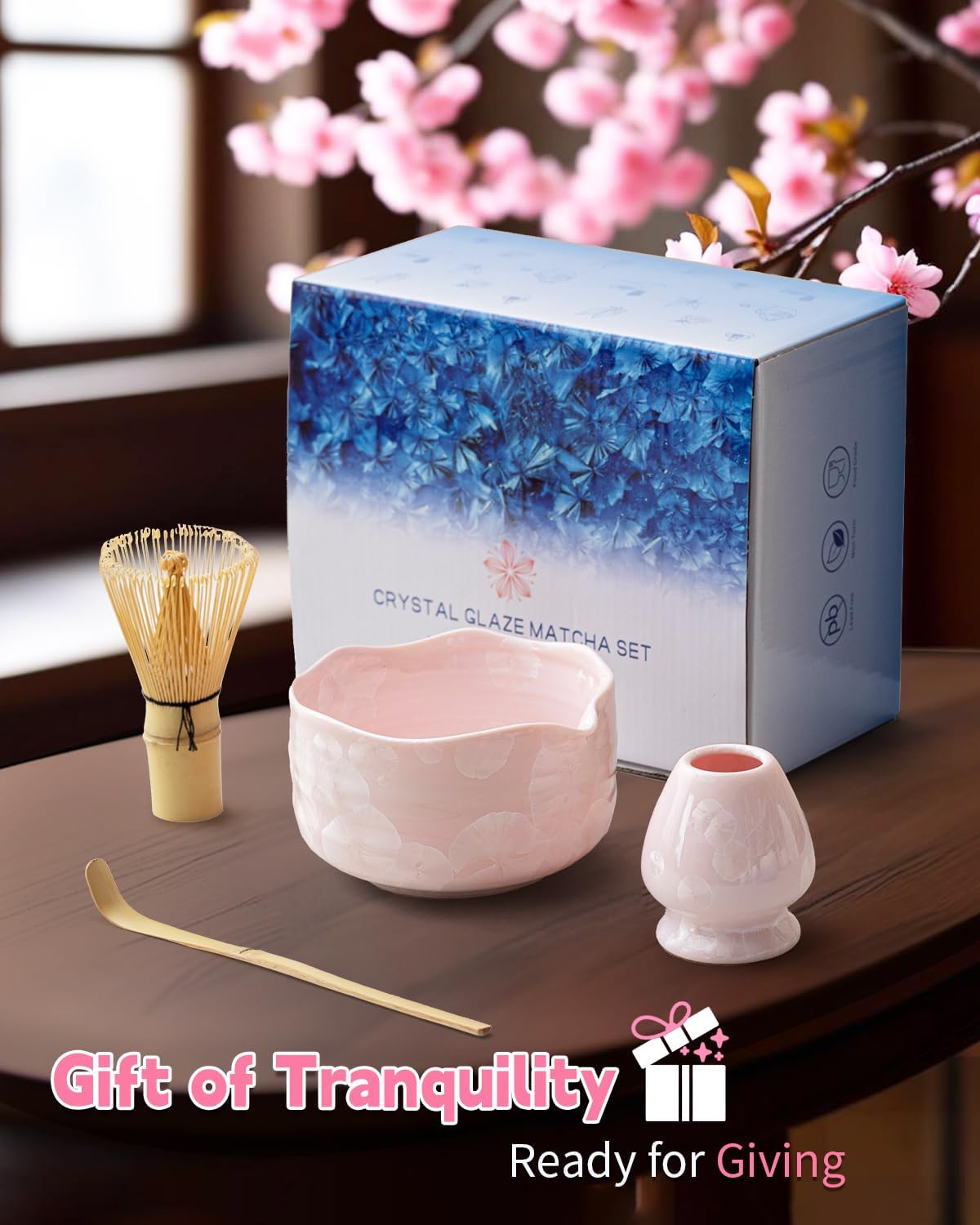 Natural Crystal Flower Matcha Set - 4 Pcs Food Grade Matcha Kit with Spouted Bowl, Matcha Whisk, Scoop and Chasen Holder - Matcha Tea Ceremony Gift for Matcha Lovers (Sakura Whisper)