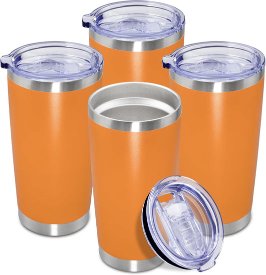 20 oz Tumbler Coffee Tavel Tumblers Bulk with Lid Stainless Steel Double Wall Vacuum Insulated Mug Powder Coated Cups fit Car Cupholder for Hot and Cold - Orange, 4Pack