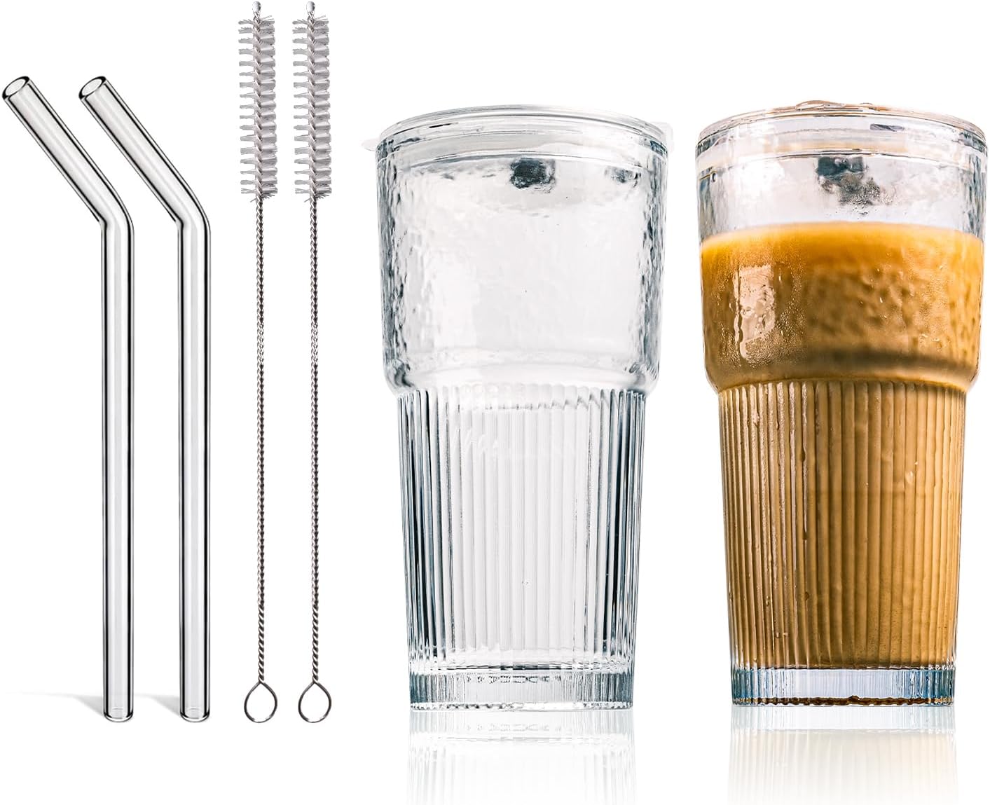 20oz Glass Tumblers with Lids and Straws - Stylish Vintage Ribbed Design for Iced Coffee, Juice, Smoothies, Milkshakes, Cold Beverages & Whiskey Cocktail Beer - Includes Cleaning Brush (2pack-Frosted)