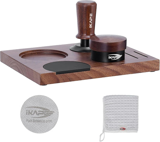 IKAPE 58MM Coffee Tamper Set 5 IN 1, Walnut Wood Espresso Tamper, Espresso Distributor, Tamper Base, Puck Screen, Cleaning Towel Set, Perfect for Everyday Use, Stylish, Functional Coffee Accessories