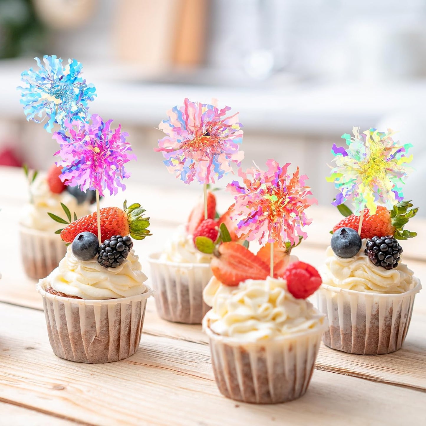 35Pcs Foil Firework Cupcake Toppers, Sparkle Tinsel Cake Toppers, Tinsel Drink Cake Decoration, Cocktail Food Fruit Toothpick for Cake Decoration Party Supplies