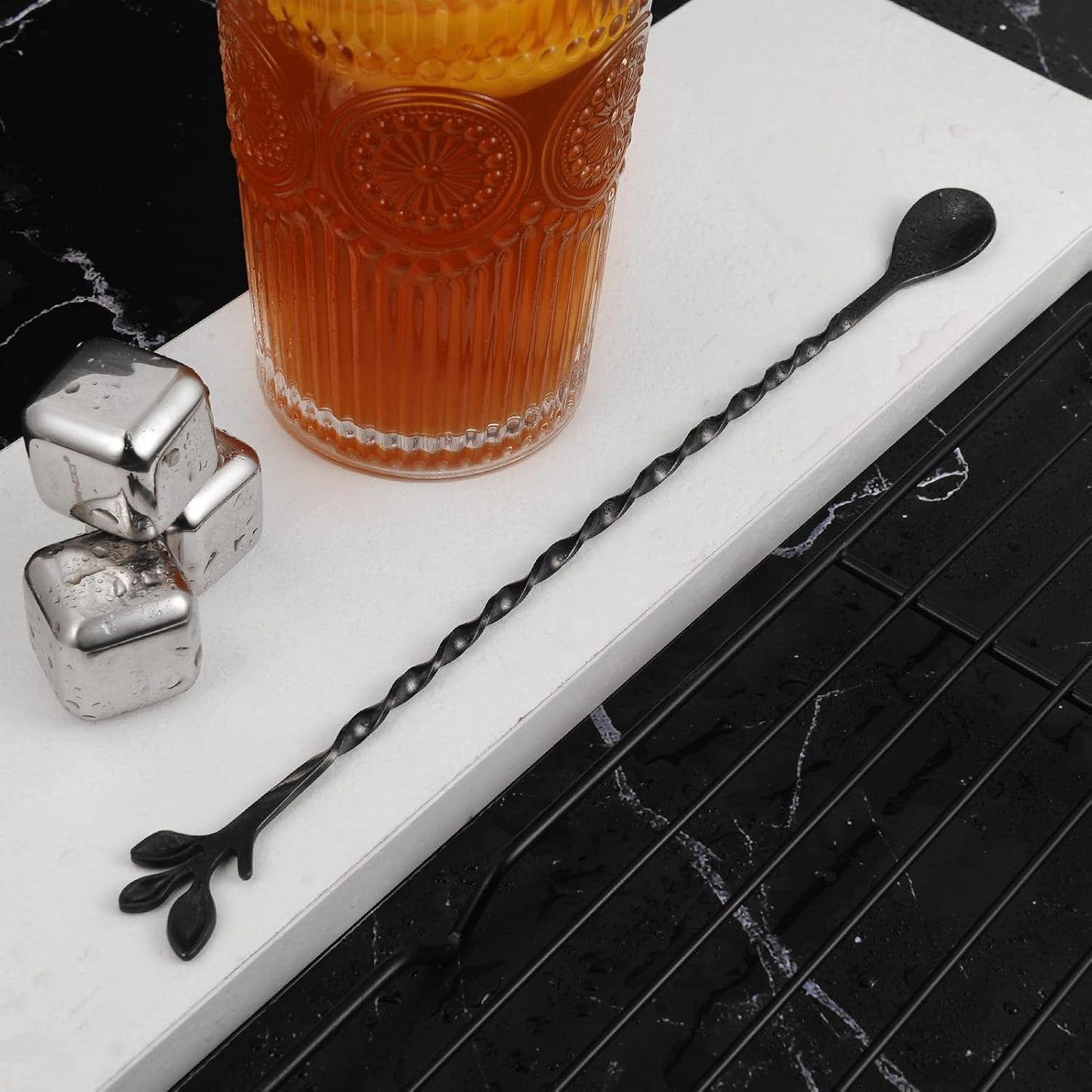 AnSaw Black 10-Inch Stainless Steel Cocktail Spoon with Leaf Handle - Perfect for Mixing & Layering Drinks in Tall Cups, Bar & Shakers - Durable Long Handle Bar Stirrer,2-Pieces