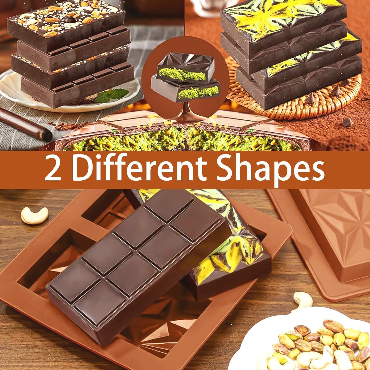 2 Pcs Dubai Chocolate Molds Silicone, 1 Inch Deep Chocolate Mold for Pistachio Chocolate Bar, Candy Bar Snack Baking Mold - 2 Different Shapes