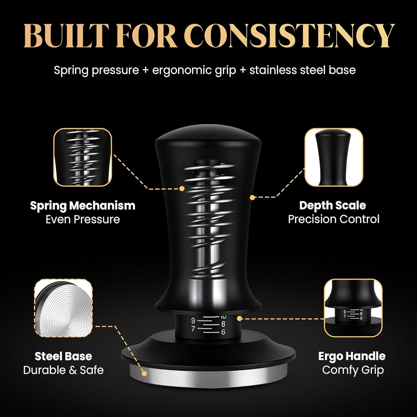 53mm Espresso Tamper – Professional Barista Coffee Tamper with SpringLoaded,Calibrated Flat Stainless-Steel Base & Ergonomic Handle,Fits 53mm Portafilter, Ideal Coffee Accessory for Espresso Lovers