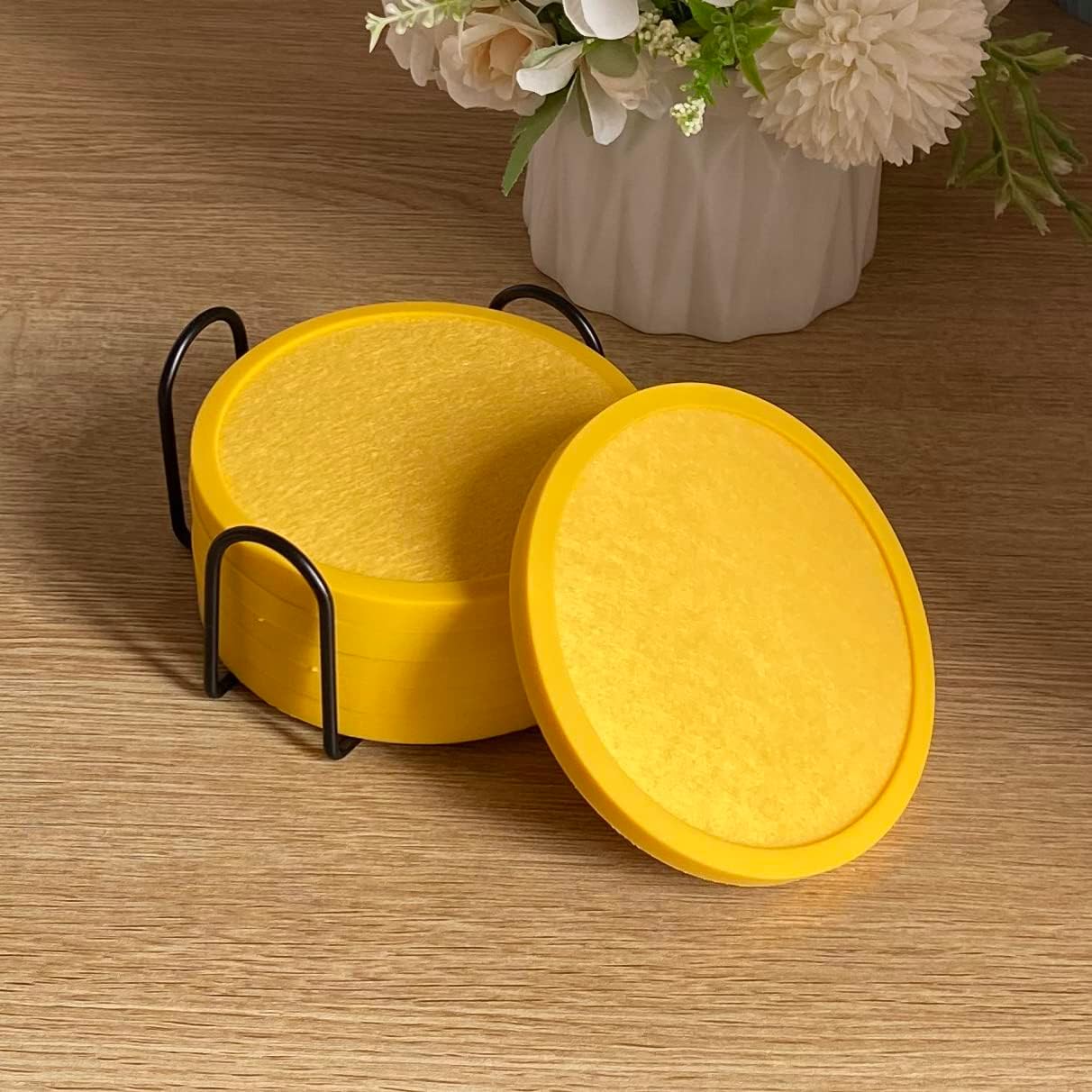 Absorbent Coasters for Drinks with Holder - 6packs, Silicone Coaster with Soft Felt Insert (4.3 inch Coasters with 4.5 inch Holder, Yellow)