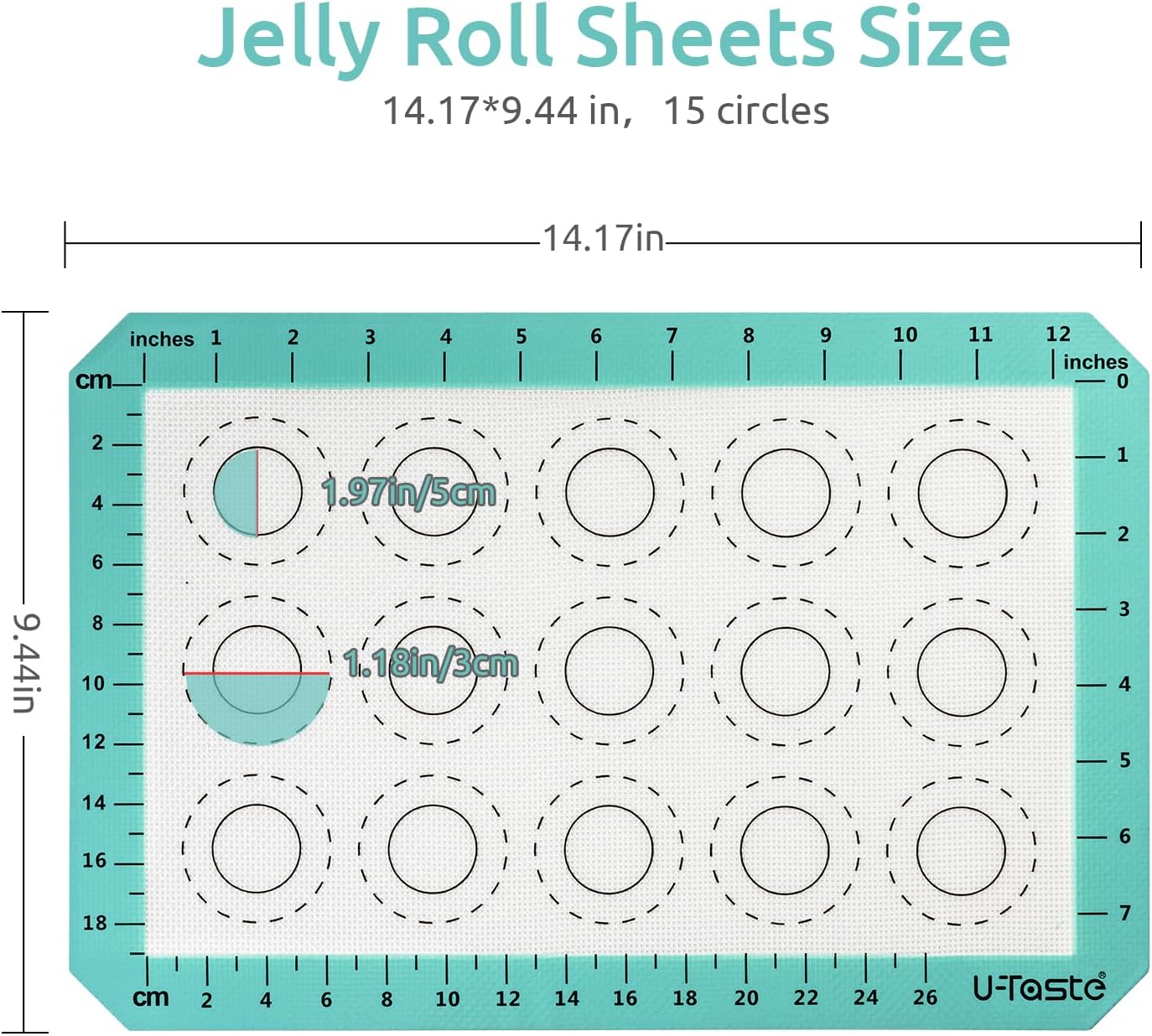 446ºF Heat Resistant Macaron Mat: U-Taste 14.17x9.44in Non Stick Silicone Baking Mat, Reusable Cookies Pastry Sheet Liner with Edge Enhancement & Circle Measurement for Cake Pan (Aqua Sky)
