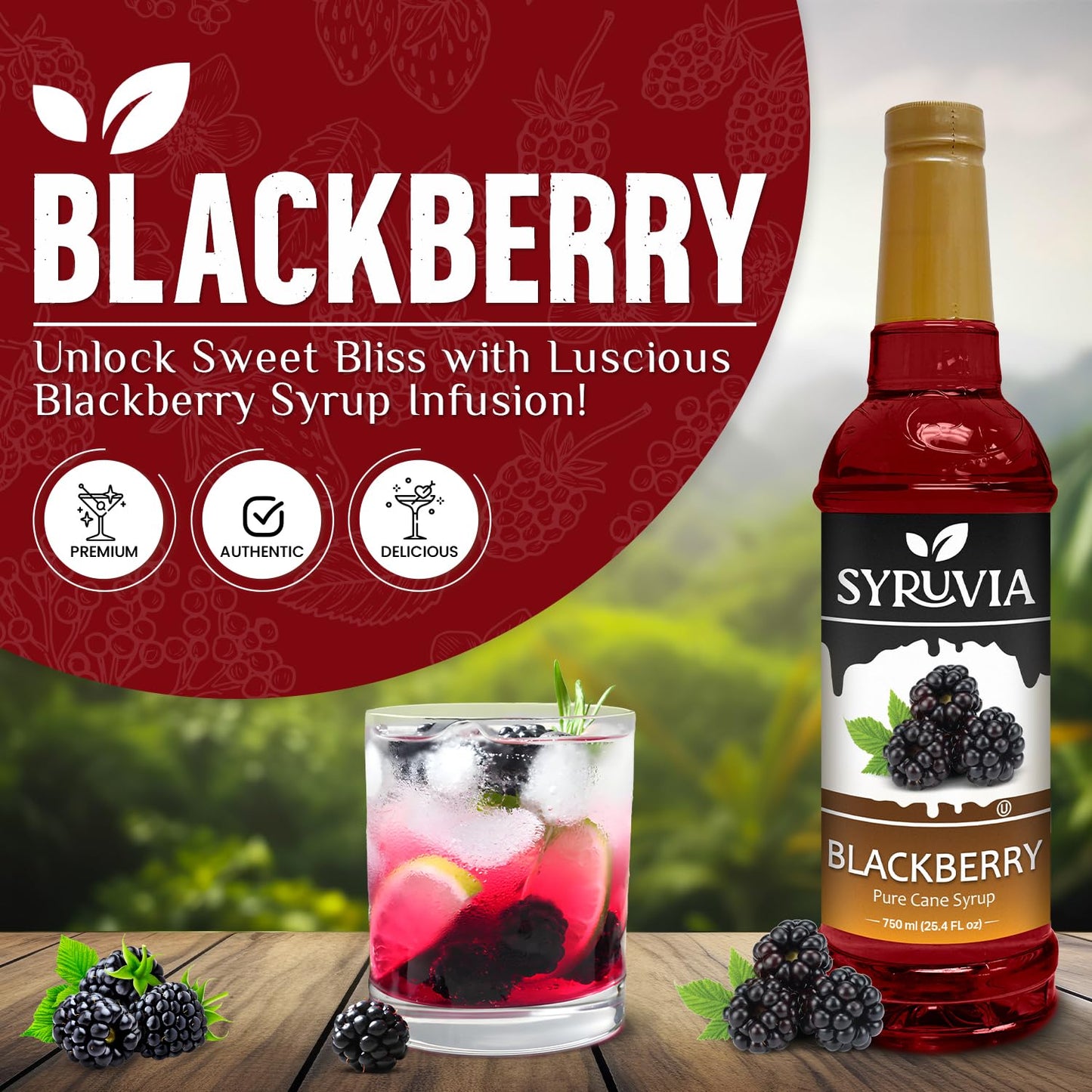 Syruvia Blackberry Syrup - 25.4 fl oz. Kosher and Gluten-Free. Ideal for Enhancing Drinks, Sodas, Shakes, Desserts, and More.