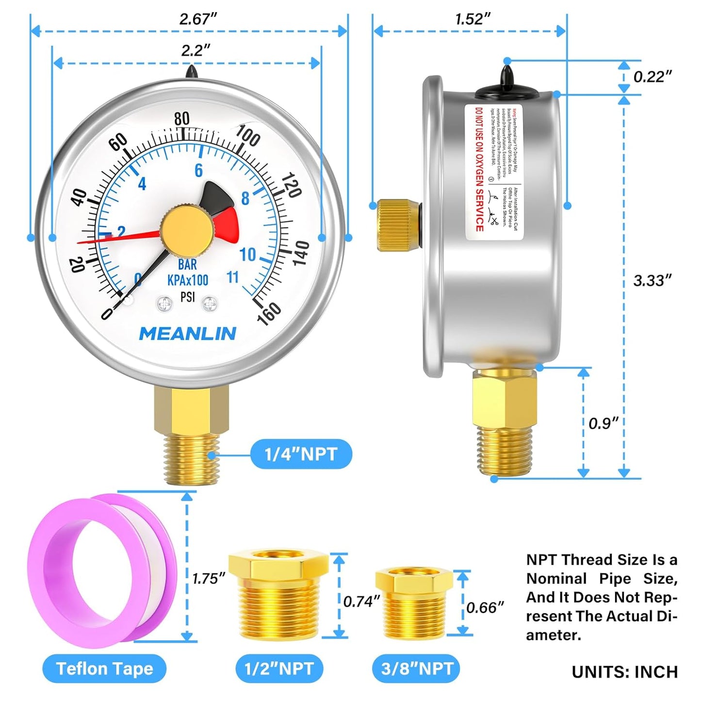 MEANLIN MEASURE 0~160Psi Stainless Steel 1/4" NPT 2.5" FACE DIAL with Reset Pointer Liquid Filled Pressure Gauge WOG Water Oil Air, Lower Mount, with 1/8" x 1/4" NPT and 1/8" x 3/8" NPT Hex Bushing