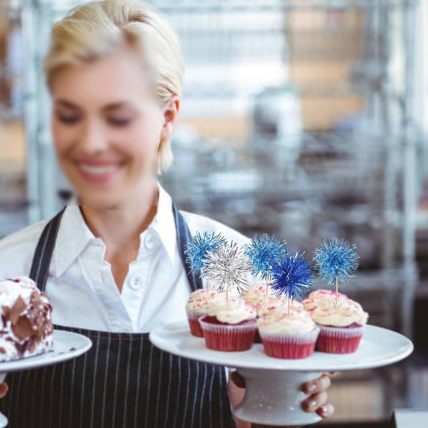 30 PCS Foil Firework Cupcake Toppers Sparkle Tinsel Cupcakae Picks Foil Firework Decorations Cocktail Fruit Toothpick for Fireworks Theme Birthday Wedding Graduation Party Decor Blue Silver Light Blue