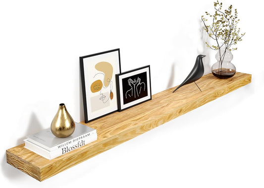 72'' Pine Wood Floating Shelf for Wall - Rustic Wall Mounted Wooden Shelf for Stylish Home Décor, Fireplace Mantel 72inch (Natural, 72x8x2) - 1pcs