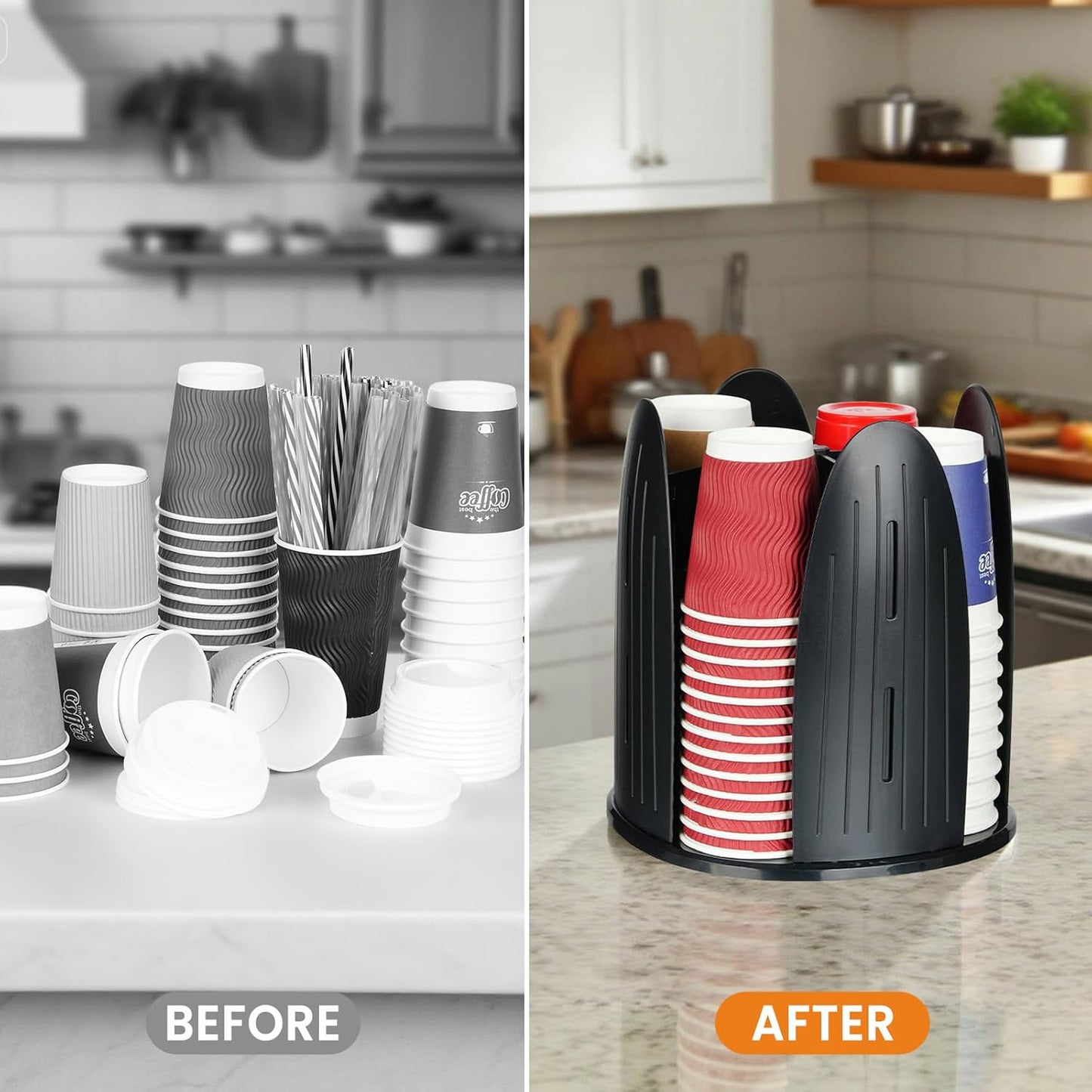 Cup and Lid Organizer ,Paper Cup Dispenser Disposable Coffee Cup Dispenser Removable Cup Holder for Bathroom,Countertops, Kitchen , Office ,Coffee Station, Bar Buffet,4 Compartment Rotating