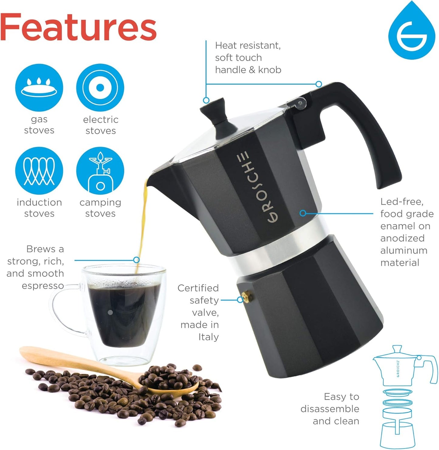 GROSCHE Milano Stovetop Espresso Maker Moka Pot 9 espresso Cup, 15.2 oz, Black. Cuban Coffee Maker Stove top coffee maker Moka Italian espresso greca coffee maker brewer percolator