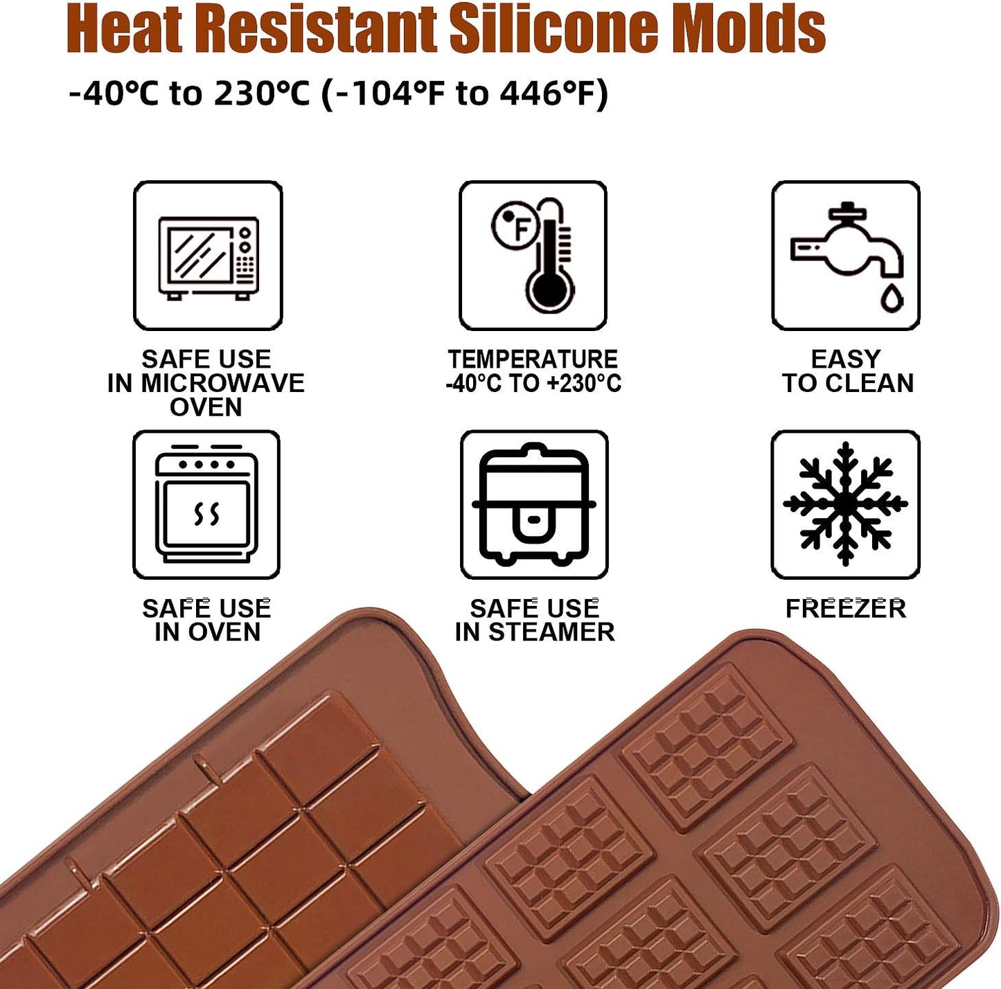 Walfos Break-Apart Chocolate Molds, Non-Stick Silicone Chocolate Bar Mold, Food Grade Candy Bar Mold, Perfect for Energy Bar, Cocoa Mini Bar, Basic Bites, 2 Pack