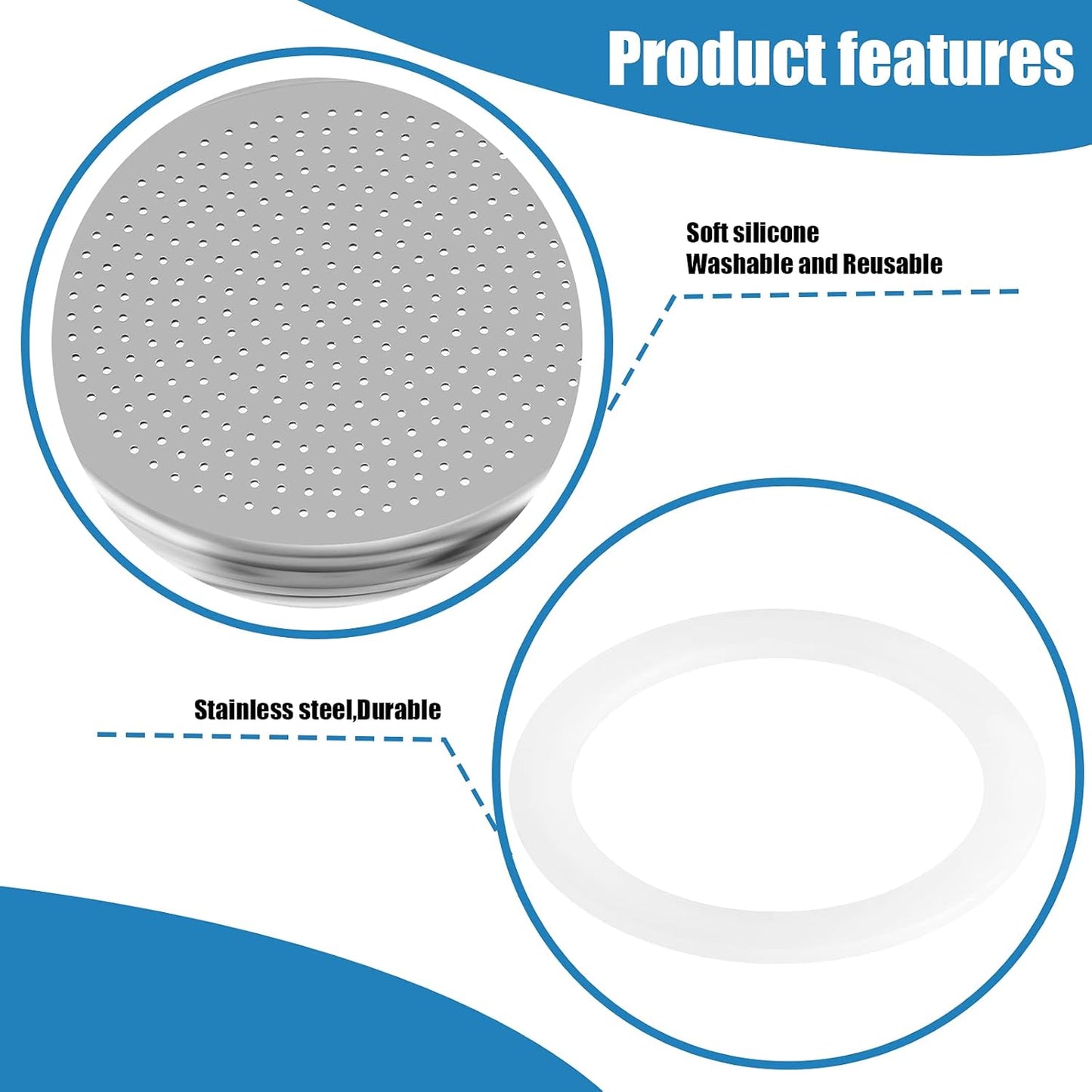 6 Pieces Moka Pot Replacement Cup Gasket with 2 Pcs Stainless Filter Silicone Moka Express Replacement Seals Funnel Kits Compatible Espresso Coffee Maker Parts(3-cup)