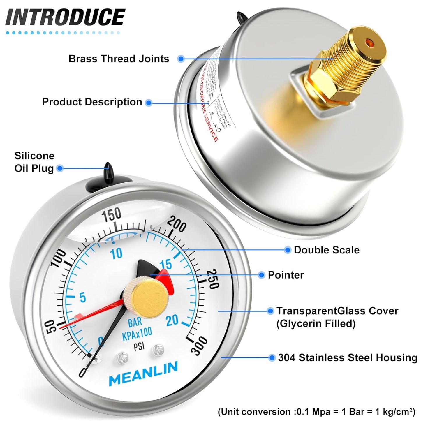 MEANLIN MEASURE 0~300Psi Stainless Steel 1/4" NPT 2.5" FACE DIAL with Reset Pointer Liquid Filled Pressure Gauge WOG Water Oil Air, Back Mount, with Brass Hex Bushing