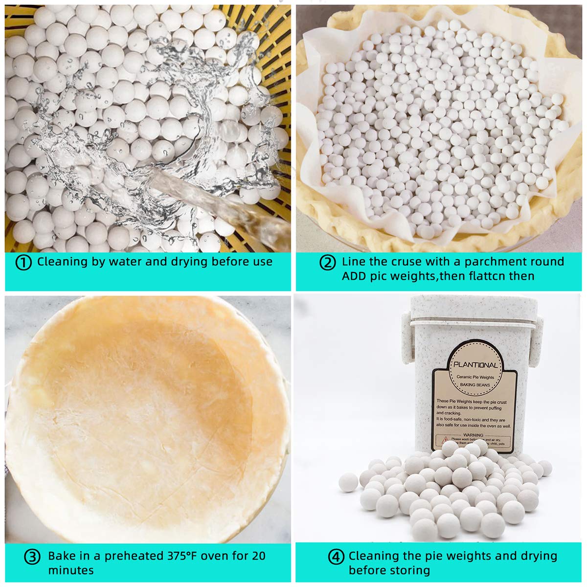 PLANTIONAL Ceramic Pie Weights, 1.32Lb Reusable 10mm Baking Beads with Wheat Straw Container, Natural Ceramic Stoneware Baking Beans for Pie Crust Pastry (Pink)