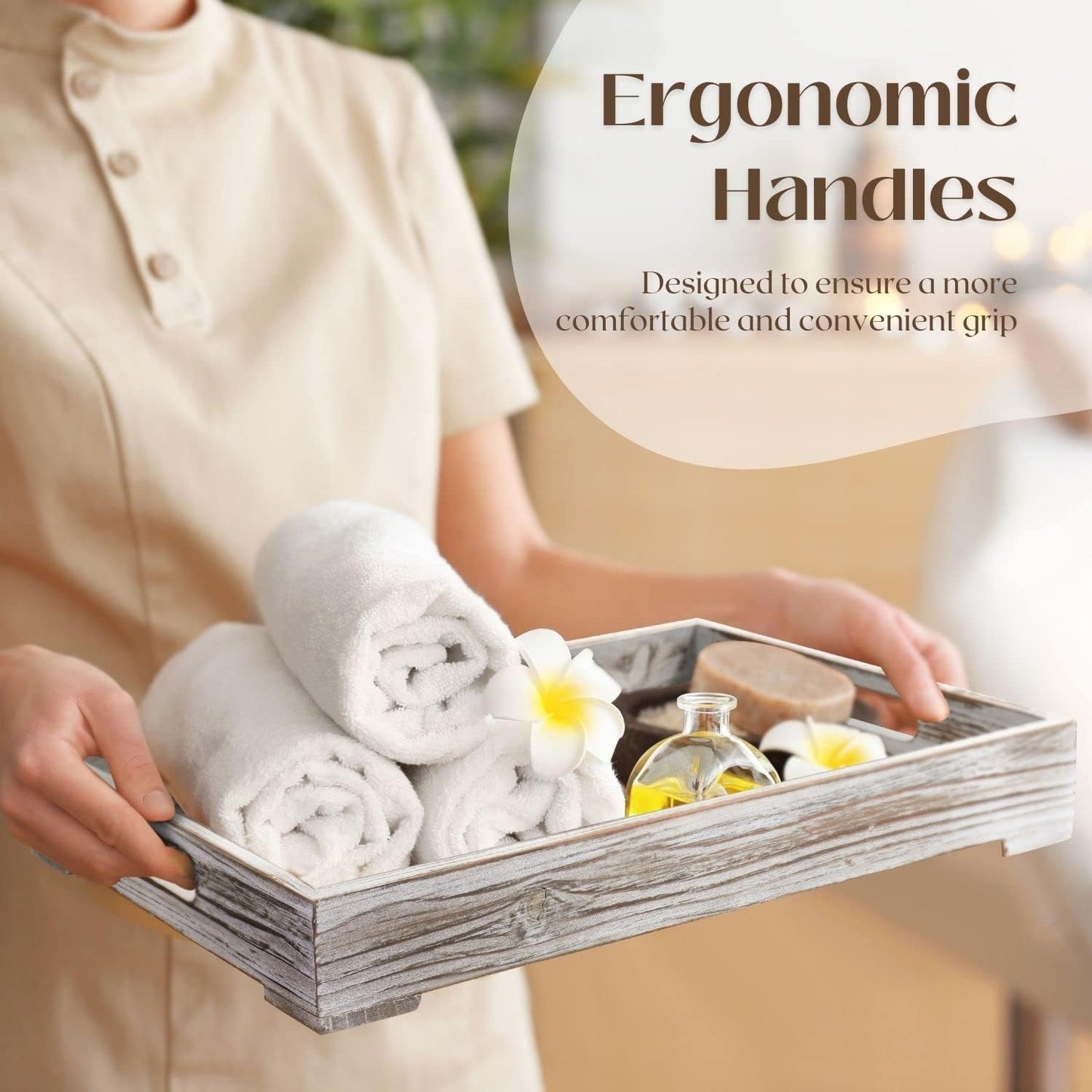 Flexzion Rustic Wooden Serving Tray with Handle - 3-Piece Set of Wooden Trays for Ottomans, Torched Whitewash Nesting Trays for Eating, Decoration, Coffee, Stackable Rectangular Breakfast Trays