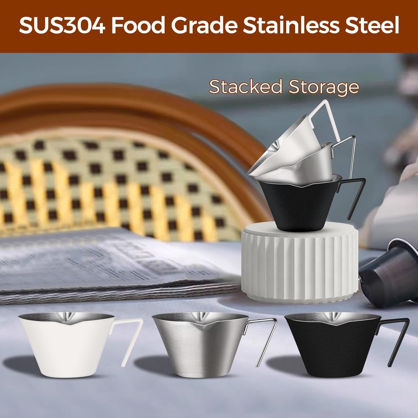 3Pcs Stainless Steel Espresso Cups, Double Spout Metal Espresso Measuring Cup with Handle, Dual Scale Espresso Pouring Cup with V-Shaped Mouth, 3.4oz/100ml (Silver)