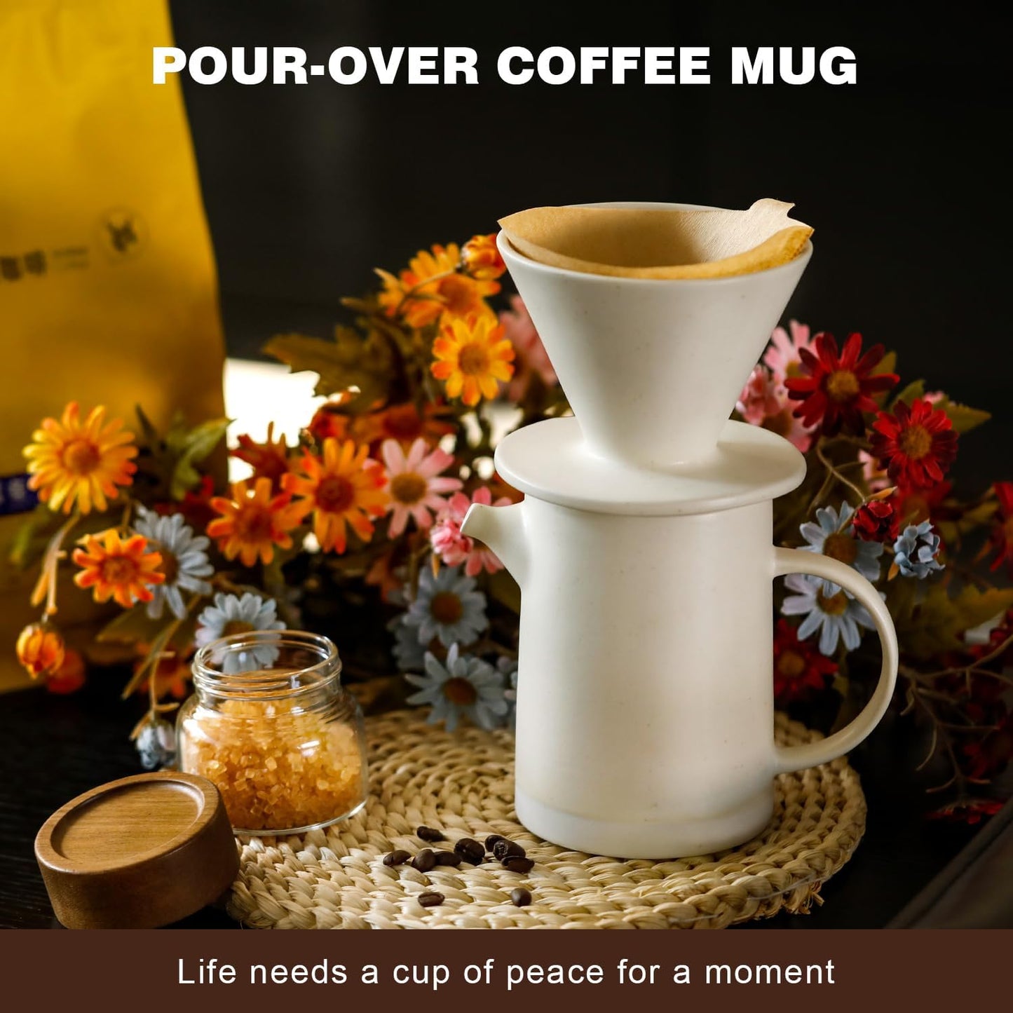 Pour Over Coffee Maker Set Vintage Ceramic Pour Over V60 Coffee Dripper Set with 20 Count Paper Coffee Filters,for Home Café Restaurant Camping,15.8 Ounces(White)