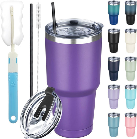 30 oz Tumbler with Lids and Straws, Stainless Steel Insulated Coffee Tumbler, Double Wall Vacuum Insulated Travel Mug Cup, Leakproof Thermal Coffee Cup for Hot and Cold Drinks (Purple)