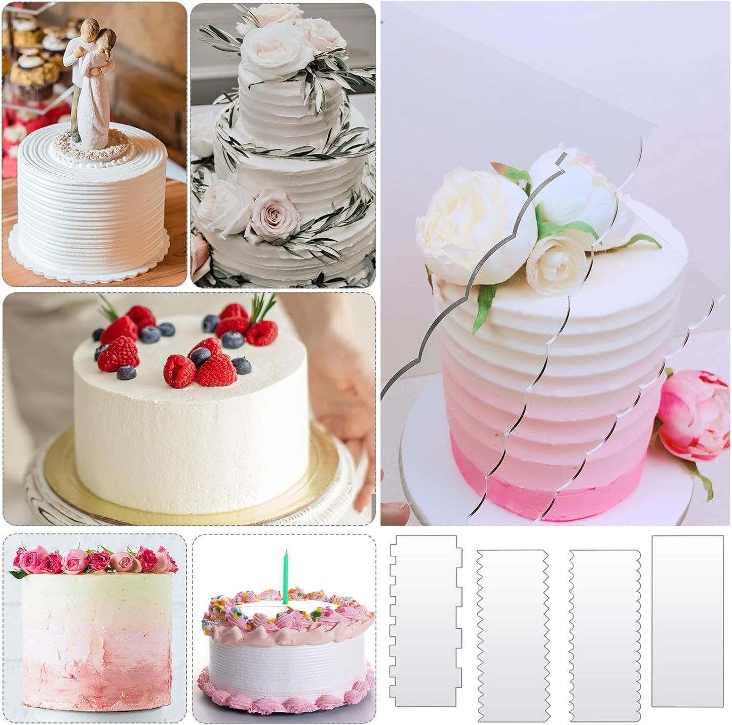 JOERSH 4pcs Acrylic Cake Scrapers Clear Combs Icing Frosting Buttercream Edge Smoother for Mousse Butter Cream Decoration