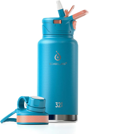 IDEUS Insulated Stainless Steel Water Bottle with 2 Leak-Proof Lids, Thermal Water Flask for Hiking Biking, 32oz, Blue Atoll