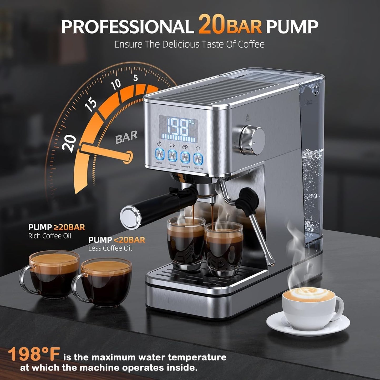 Espresso Machine, 20Bar Compact Stainless Espresso Maker, With Milk Frother Steam Wand, 57.5OZ Removable Water Tank, Displays Making Time & Water Temperature, Cold Brew & Cappuccino, Silver