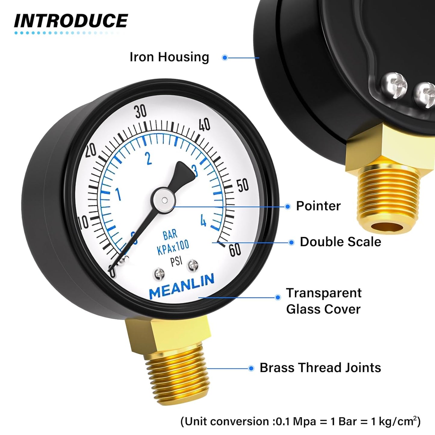 MEANLIN MEASURE 0-60Psi 2" DIAL FACE 1/4" NPT Well Pump Pressure Gauge, with 1/2" NPT and 3/8" NPT Hex Bushing, Pool Sand Filter WOG Water Oil Air Pressure Test, Lower Mount (Pack of 2)