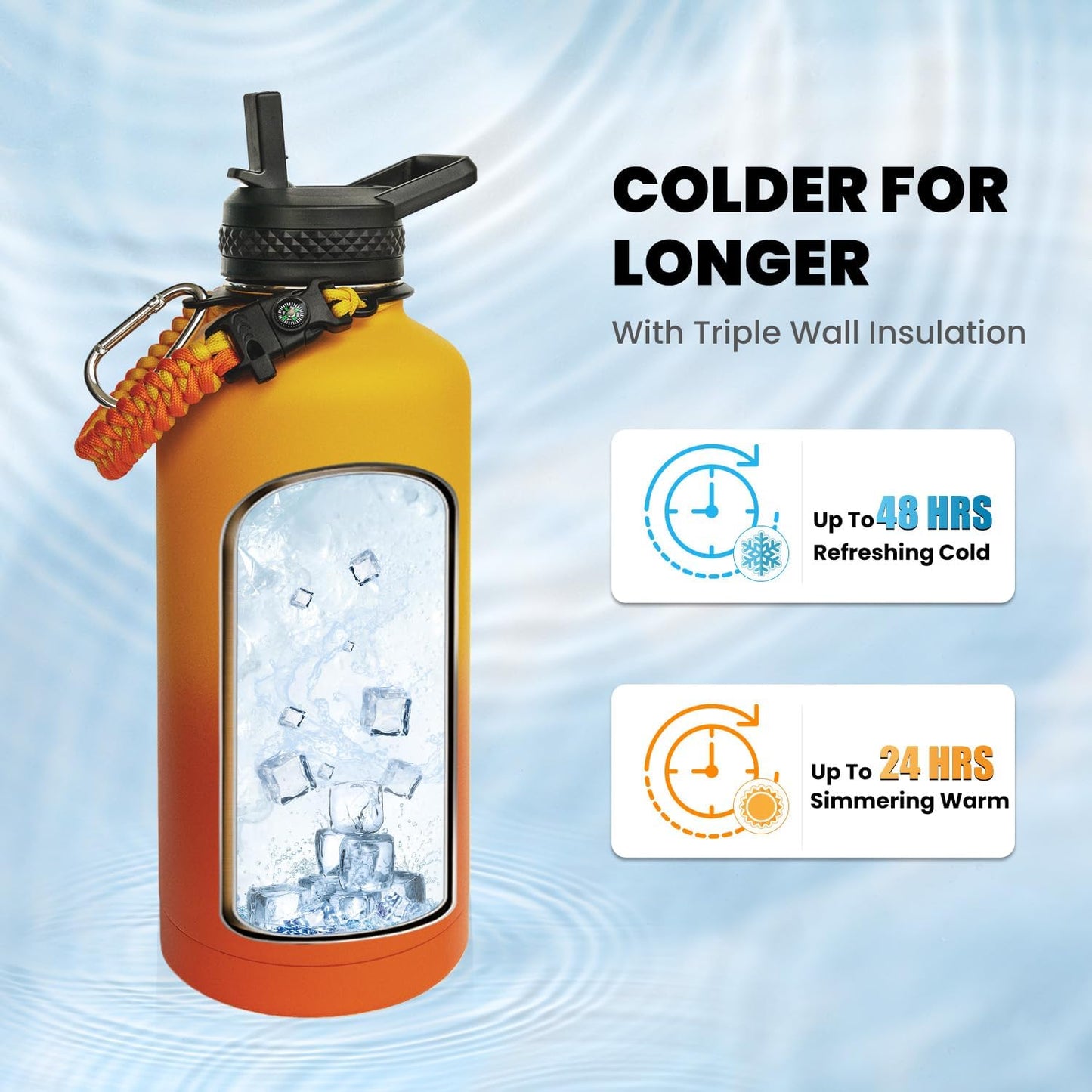Insulated Water Bottle 87 oz, Triple Wall Vacuum Stainless Steel (Cold for 48 Hrs), Leak Proof & Non-BPA, Modern Water Flask Jug with Paracord Handle & Straw Spout Lids, Ombre Orange