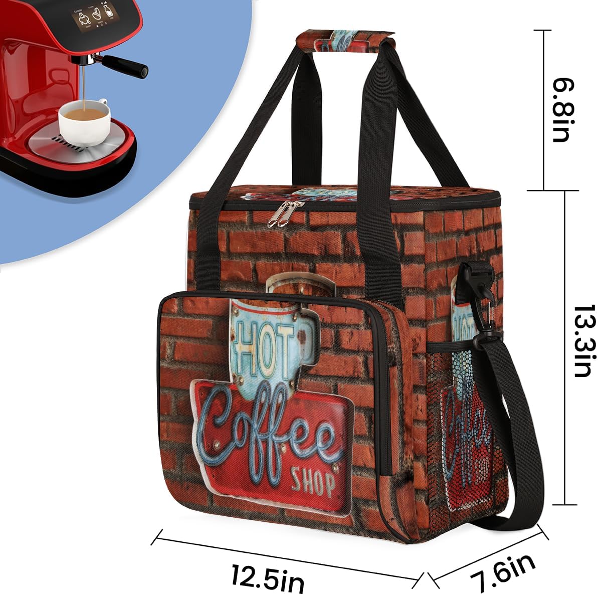 Vintage Red Brick Coffee Maker Carring Bag Travel Carrying Storage Tote Compatible with Keurig K-Mini or Plus Portable Single Serve Brewer Case Pockets for K-cup Pods