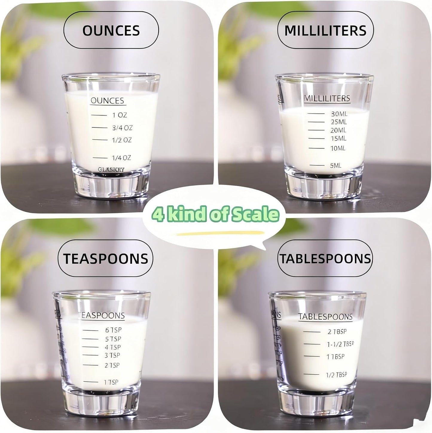 2-Pack Shot Glass Measuring Cups Set | Non-Fading 4-Measurement Espresso Jigger (OZ/ML/TSP/TBSP) | Thick Base Heavy Glass Measuring Cup for Coffee & Kitchen，Dishwasher Safe, Incremental Scale (Black)