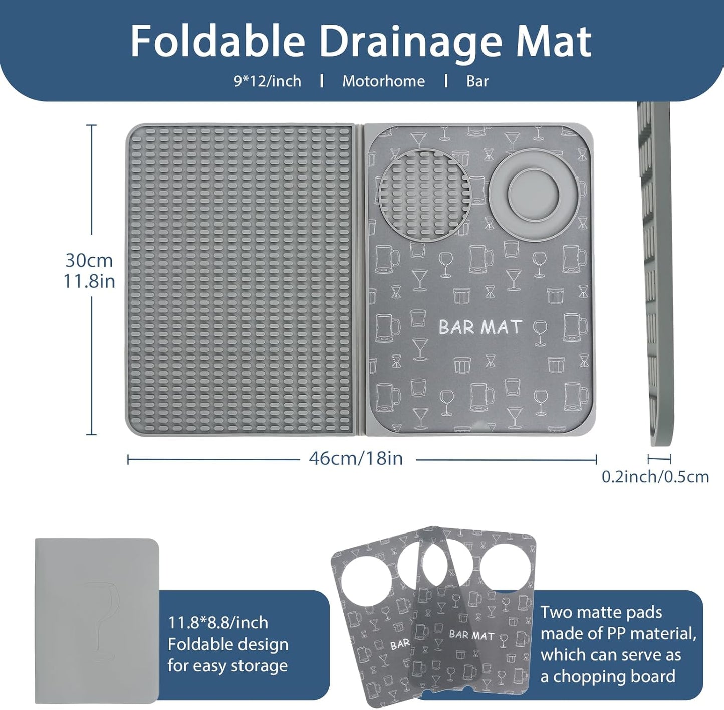 Foldable Bar Mat 18x12 inch - 3-in-1 Silicone Drying Mat with Removable Cutting Board & Rim Tray | Countertop Protector for Home, Outdoor, Travel | Professional Cocktail Accessories (gray)