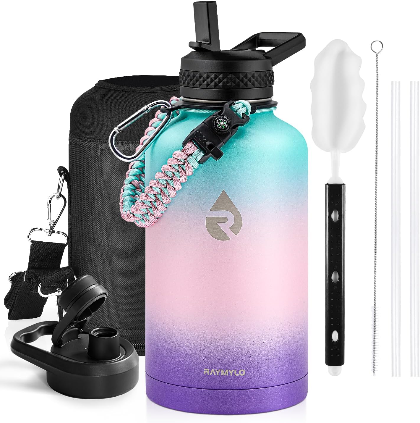 Insulated Water Bottle 64 oz, Triple Wall Vacuum Stainless Steel (Cold for 48 Hrs), Leak Proof & Non-BPA, Half Gallon Water Flask Jug with Paracord Handle & Straw Spout Lids, Hydrangea