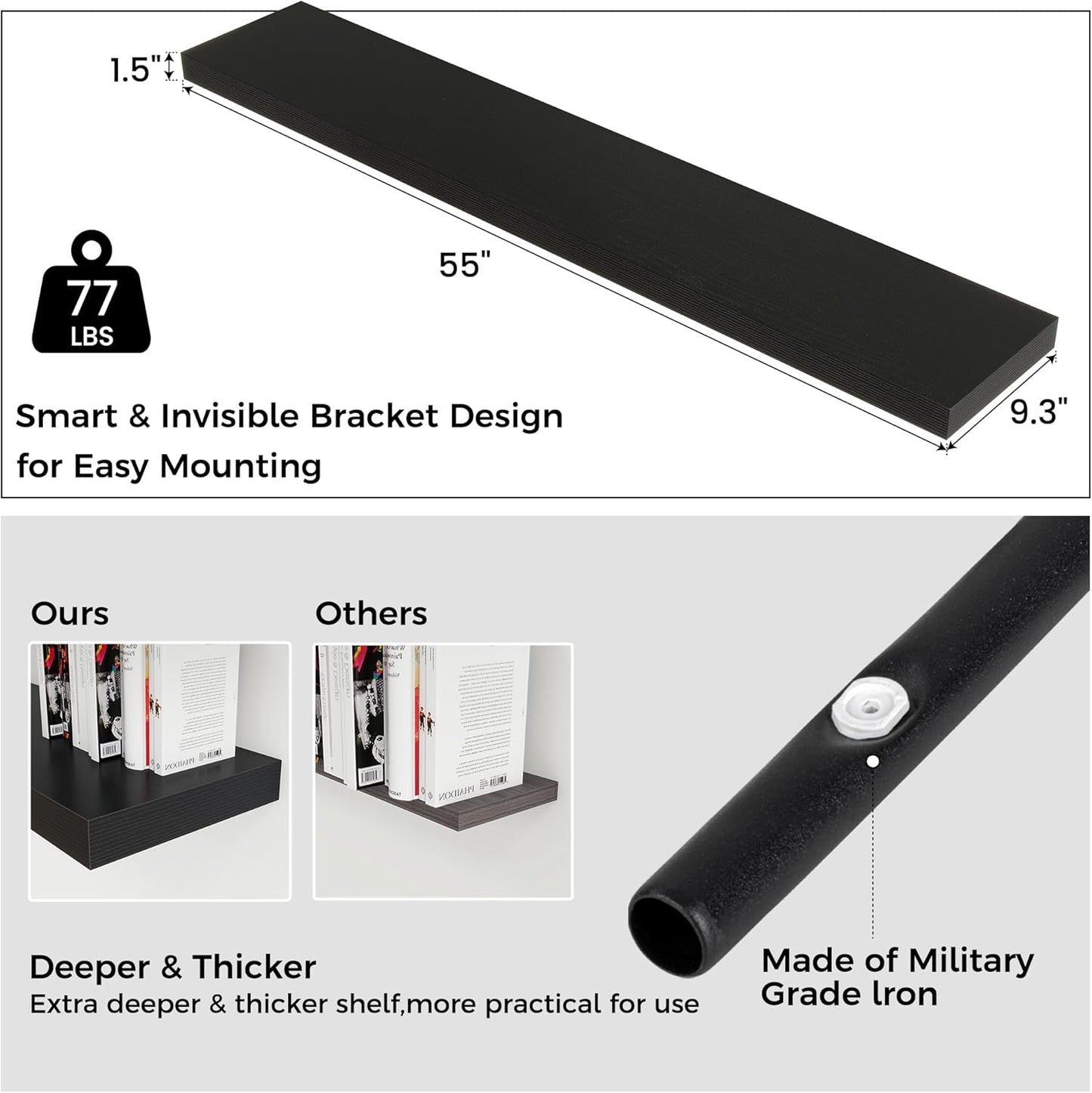 Floating Shelves for Wall, Large Wall Mounted Shelves with Invisible Brackets, Long Wood Floating Shelf Shelves for Living Room, Bedroom, Kitchen, (Black, 55" W x 9" D x 1.5" H)