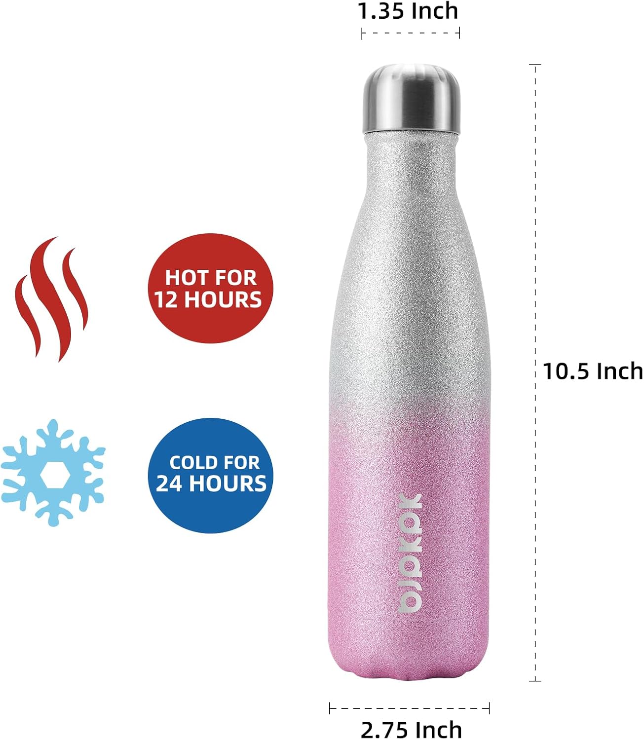 BJPKPK 17oz Insulated Water Bottles Stainless Steel,Sports Water Bottles Keep Cold for 24 Hours and Hot for 12 Hours,BPA Free,Glitter Silver Pink