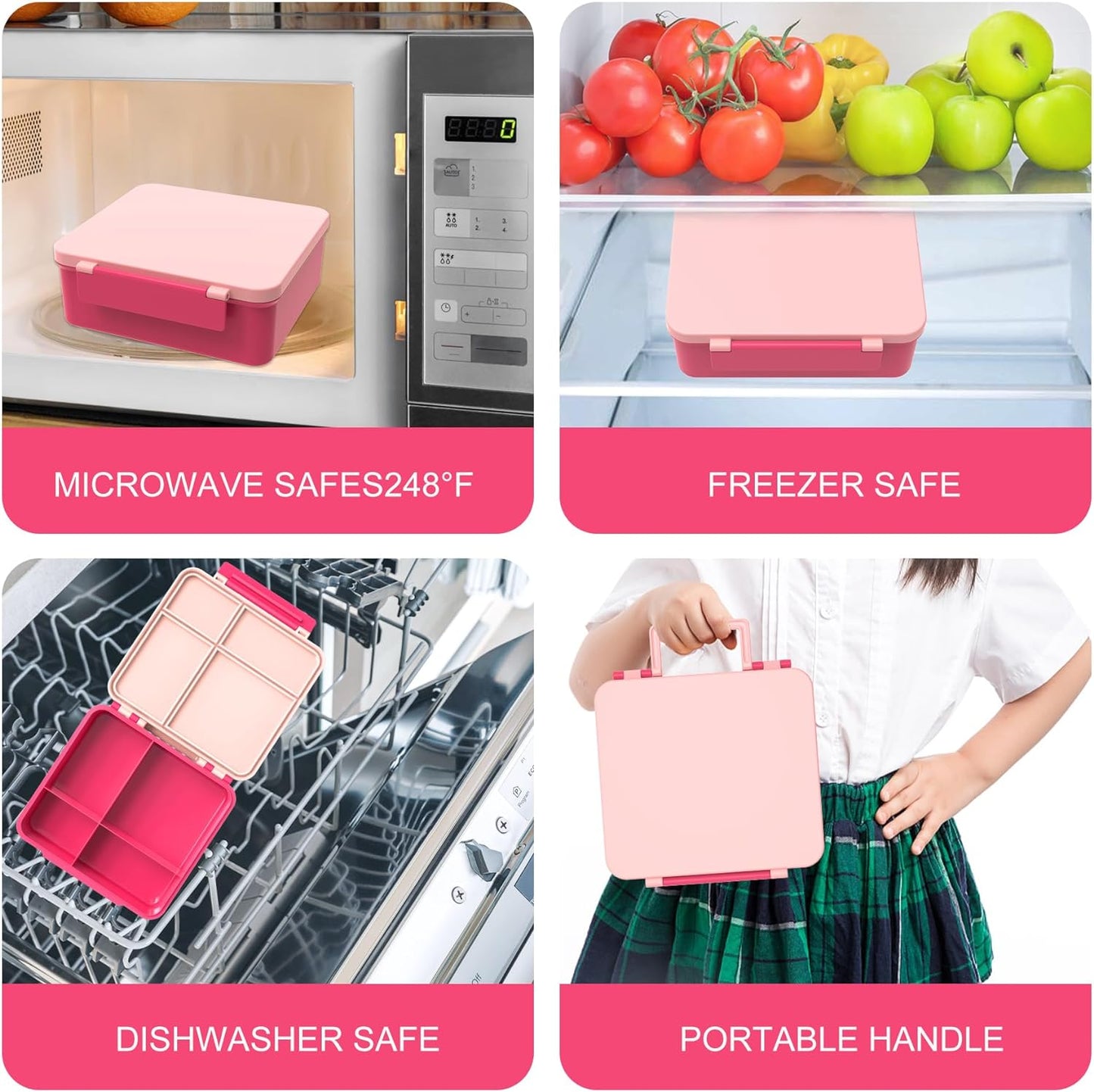 Bento Lunch Box with 8oz Soup Thermo, Kids Leakproof Lunch Food Containers with 4 Compartment, Kids Thermo Insulated Hot Food Jar for School, Trvael - (Pink)