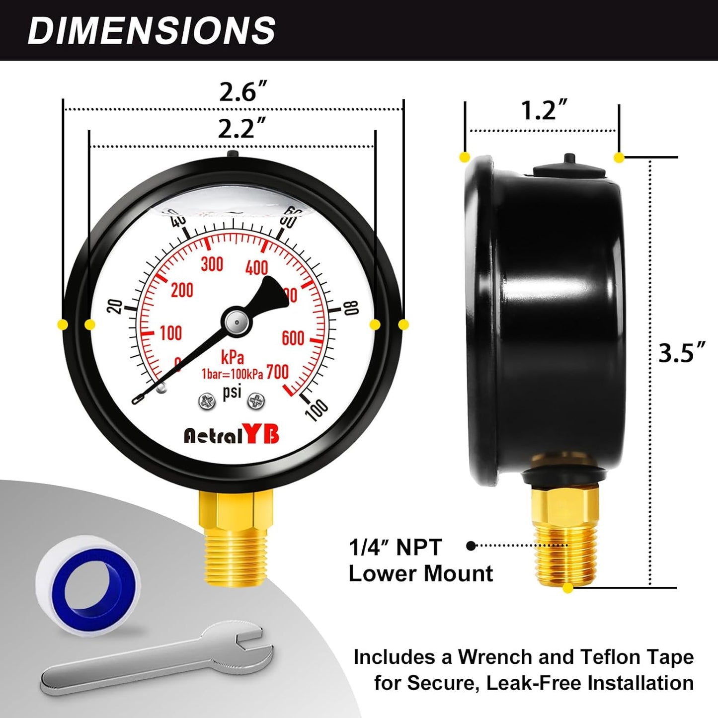 100 Psi Lead-Free 2.5 Inch Pressure Gauge Stainless Steel Case, Liquid Filled, 1.6% Accuracy,1/4" NPT Lower Mount, IP67 Waterproof for Portable Water,Pneumatic Air,RV Hose, Tank, Gas