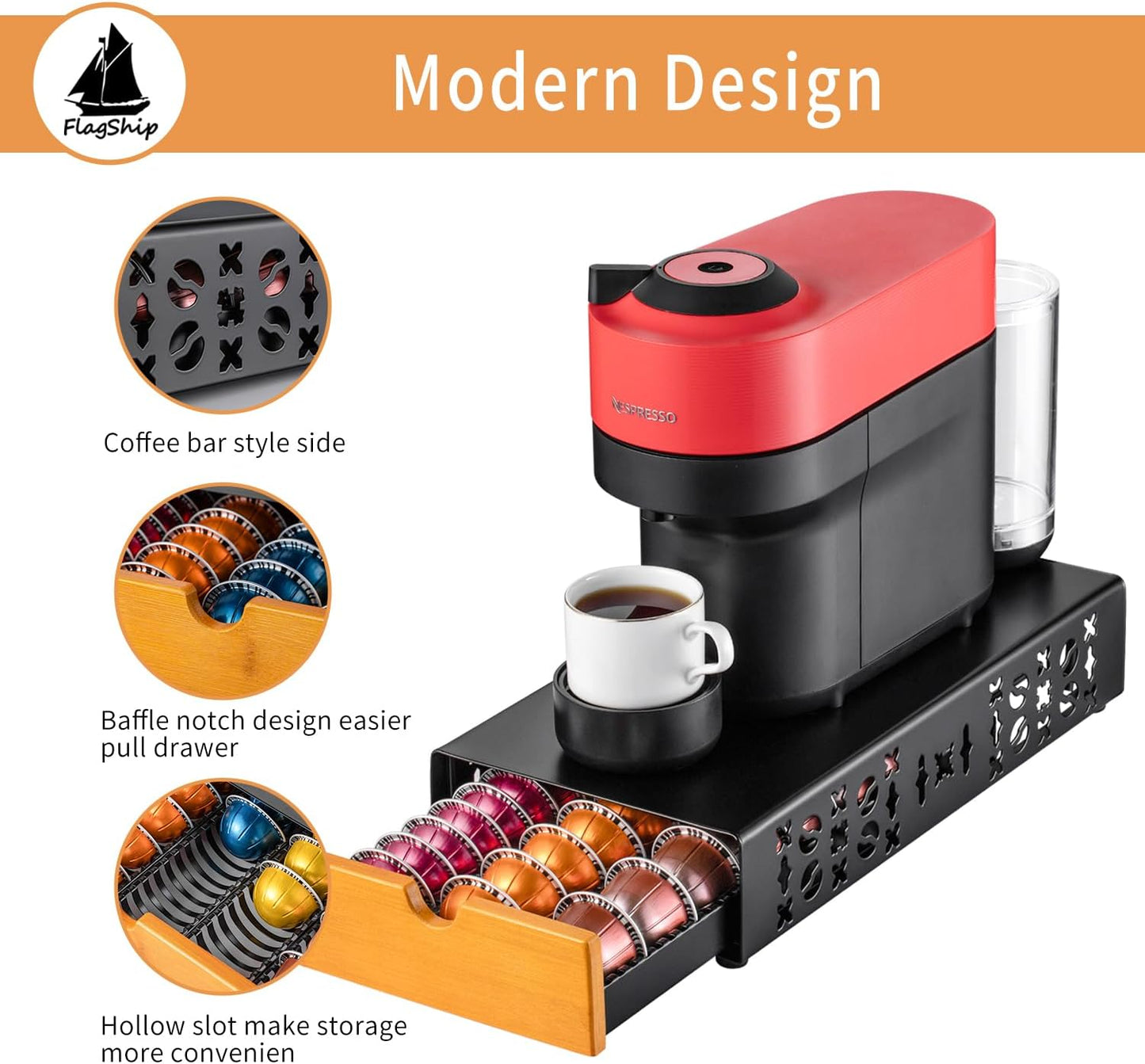 Flagship Coffee Pod Holder for Nespresso Vertuo Pod Organizer Fits All Vetuo Pods Black Metal With Wood Handle