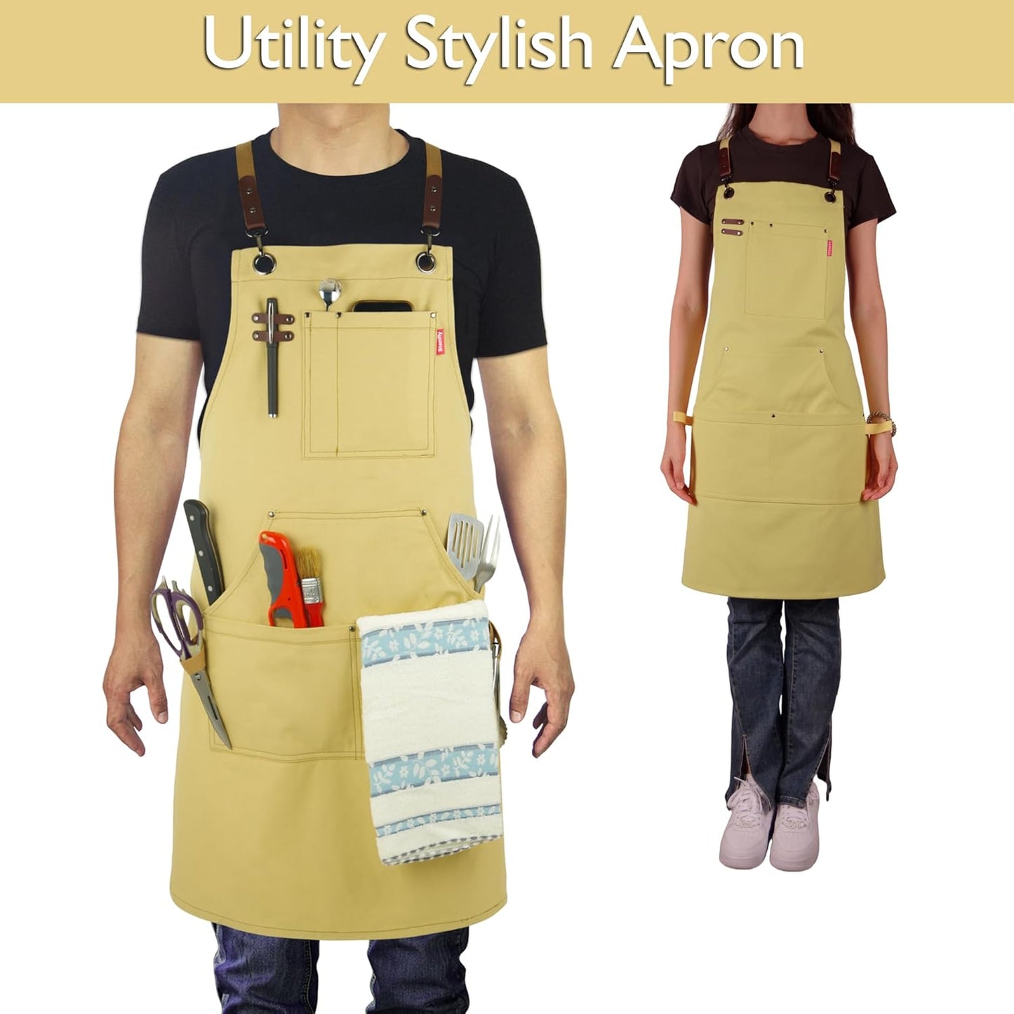5 Pack Kitchen Apron, Work Apron, Canvas, Multiple Pockets, Gardening, Painting, BBQ, Artist, Carpenter, Sizes M to XXL, Amber