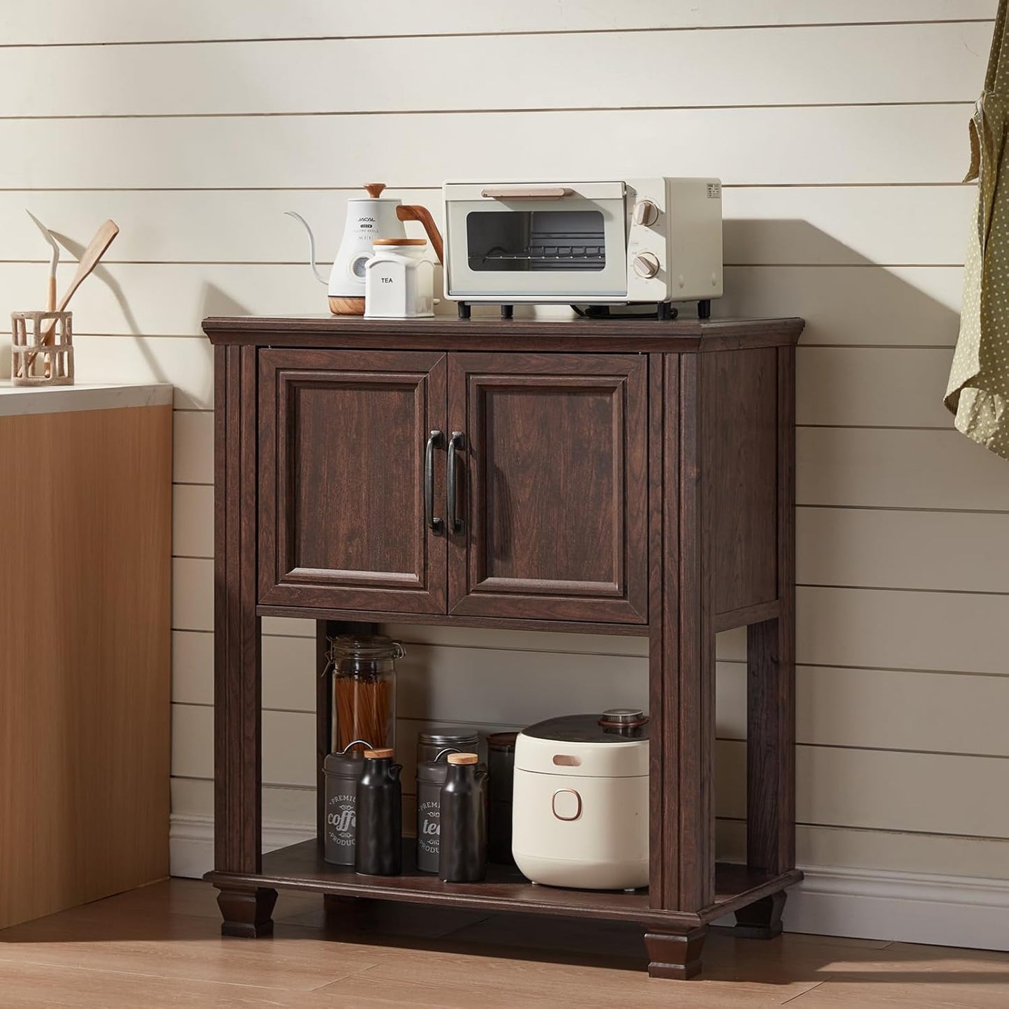 Farmhouse Kitchen Cabinet with 2-Door, Small Sideboard Buffet Cabinet with Open Shelf, Coffee Bar Station with Storage for Kitchen, Dining Room, Walnut