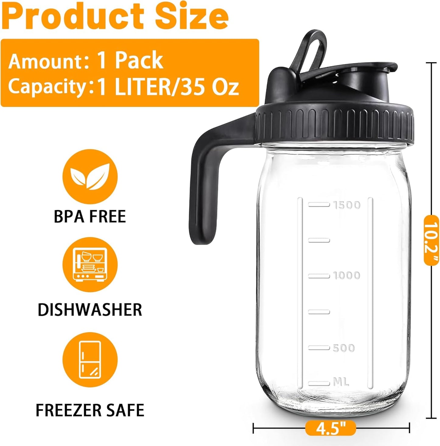 64oz Glass Pitcher with Lid-2 Quart, Leak-Proof Wide Mouth Jar with Pouring Airtight Lid, Heavy Duty Glass Mason Jar Pitcher, Ideal Container for Water, Juice, Milk and Drinks Storage