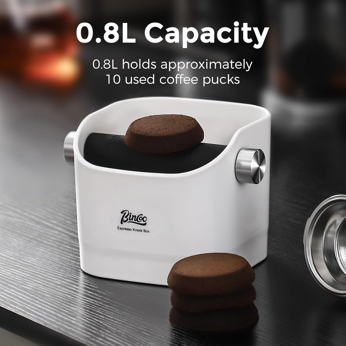 Bincoo Square Coffee Knock Box 0.8L – ABS Espresso Knock Bin with Non-Slip Base, Wide 4.6" Slanted Opening & Detachable Silicone Knock Bar for Easy Cleaning and Quiet Use(White(square))