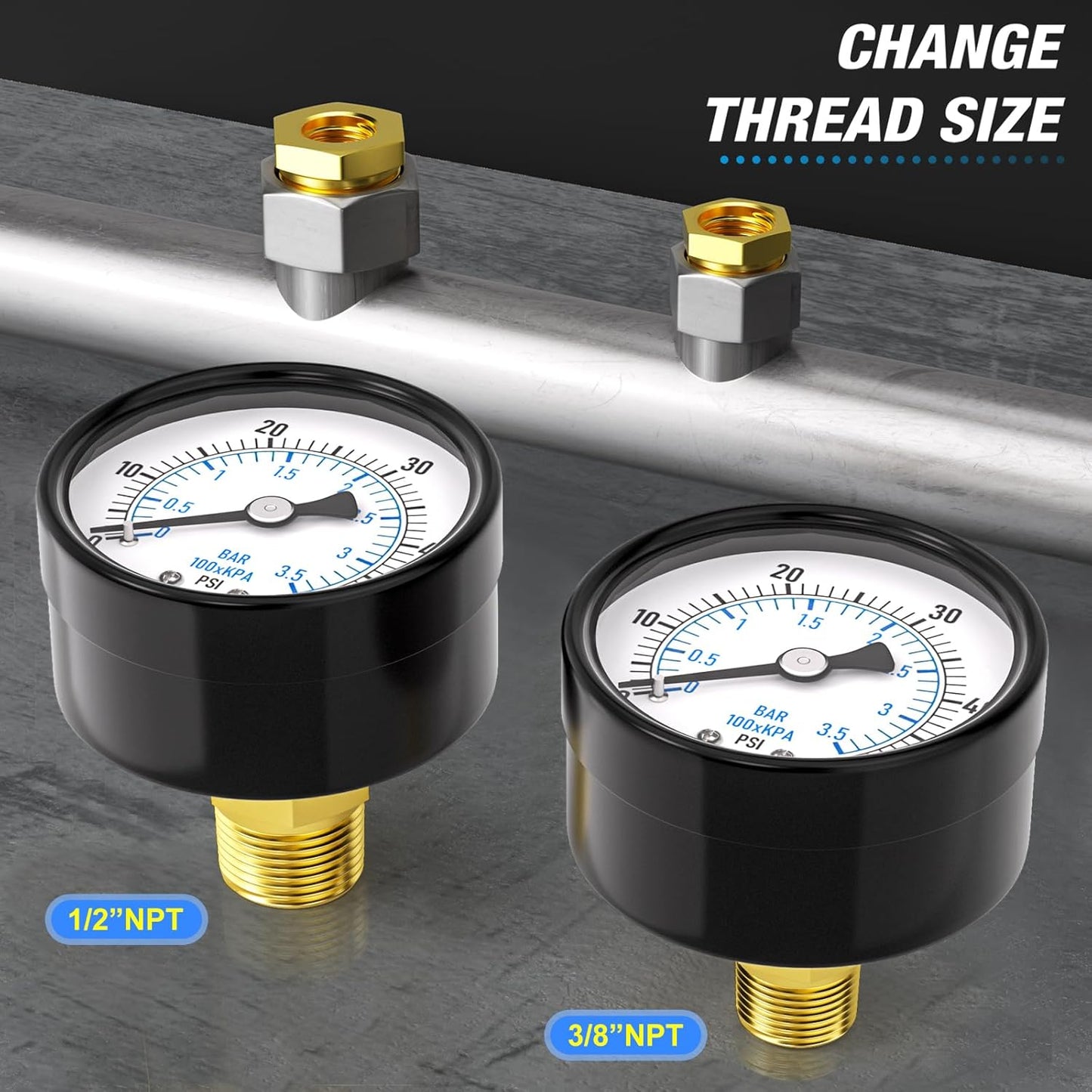 MEANLIN MEASURE 0-50Psi 2" DIAL FACE 1/4" NPT Well Pump Pressure Gauge, with 1/2" NPT and 3/8" NPT Hex Bushing, 3-2-3% Accuracy, Center Back Mount