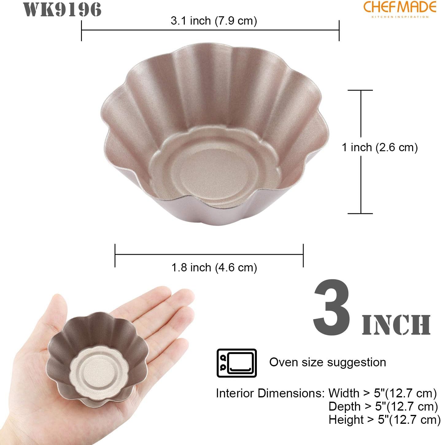 CHEFMADE Mini Pudding Pan Set, 3-Inch 4Pcs Non-Stick Egg Tart Mold Flower-shaped Pie Bread and Cake Pan Bakeware for Oven and Instant Pot Baking (Champagne Gold)