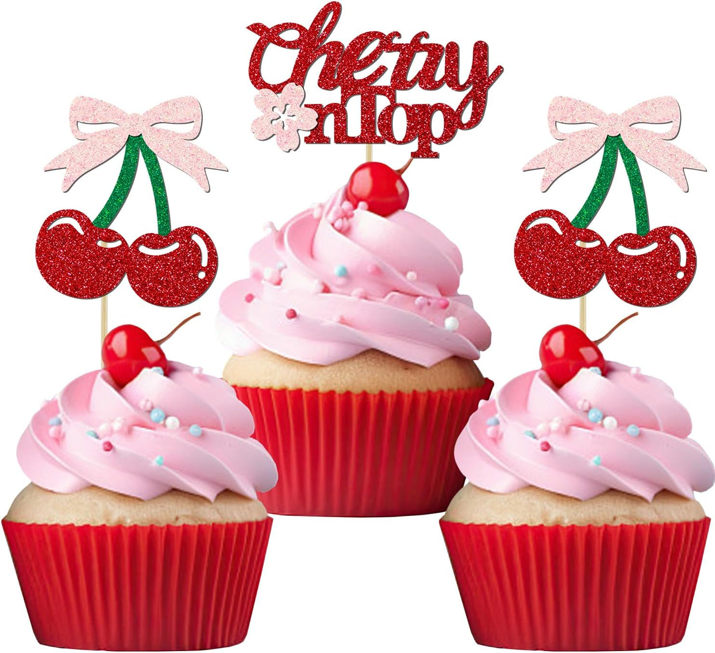24 Pack She's the Cherry On Top Cupcake Toppers, Glitter Cherry Sweet Cake Pick for Fruits Theme Baby Shower and Bridal Shower Decorations Supplies (Top)