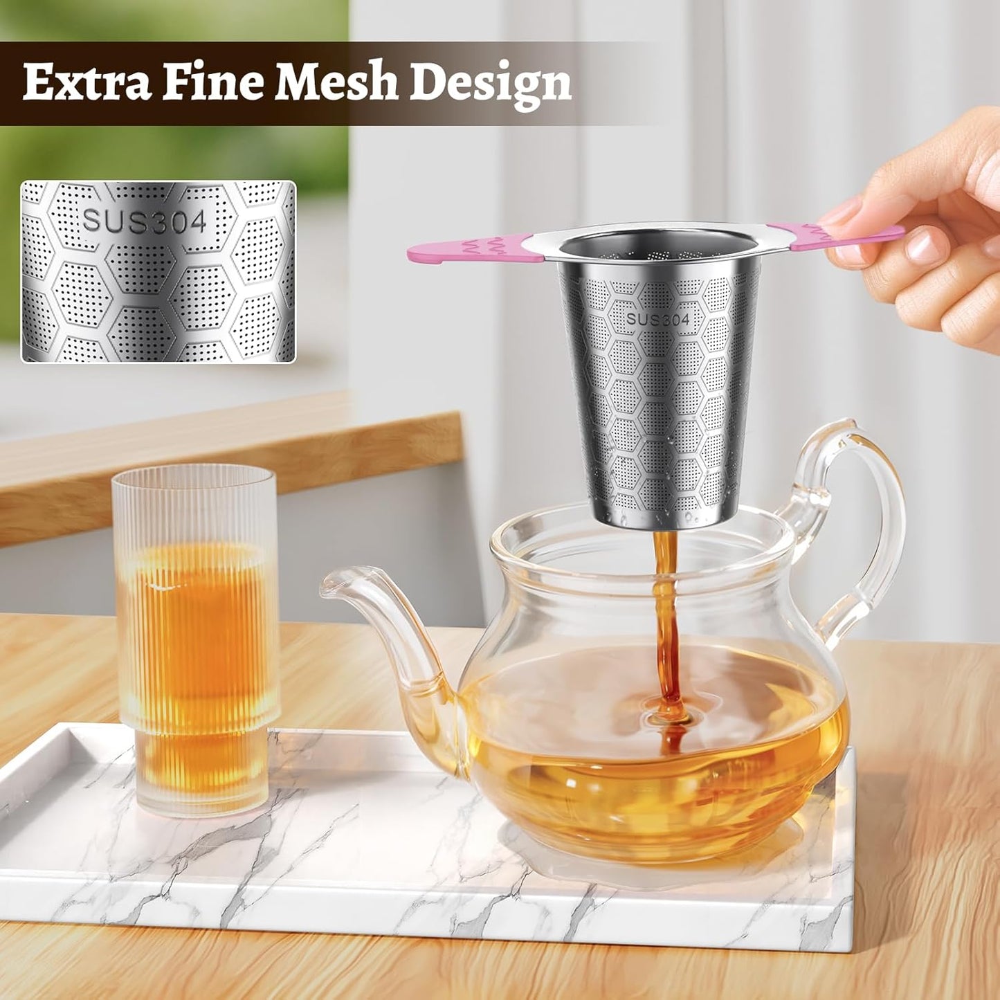 Tea Infuser for Loose Leaf Tea,18/8 Stainless Steel Tea Infuser with Heat Proof Silicone Handles,Extra Fine Mesh Tea Strainers Filter Fine Tea Leaves Effectively,Fits TeaPots/Mugs-Pink