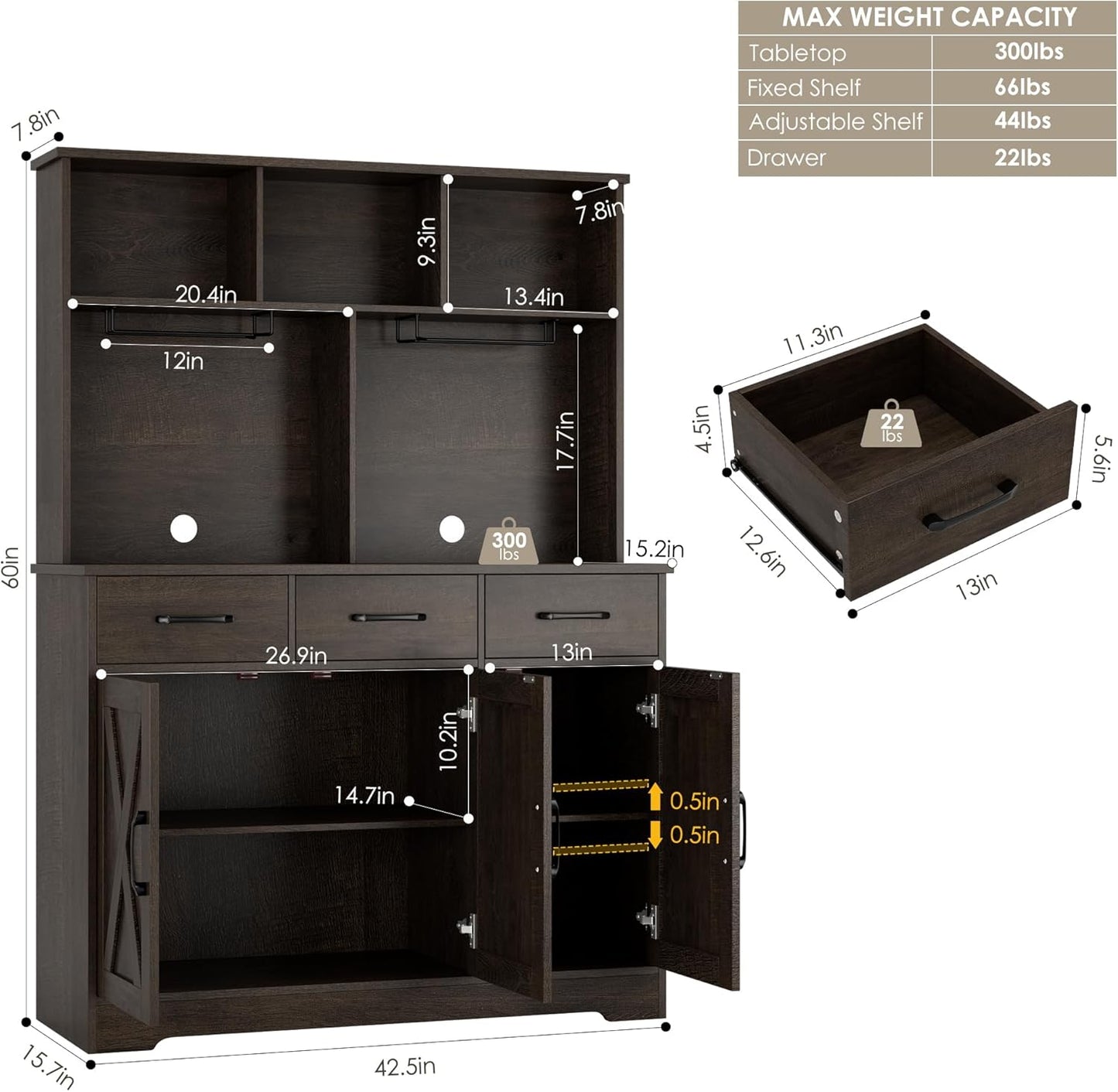 HOSTACK Buffet Cabinet with Hutch, Modern Farmhouse Kitchen Buffet Sideboard Storage Cabinet with 3 Drawers, Barn Door Coffee Bar Station for Dining Room, Living Room, Dark Brown