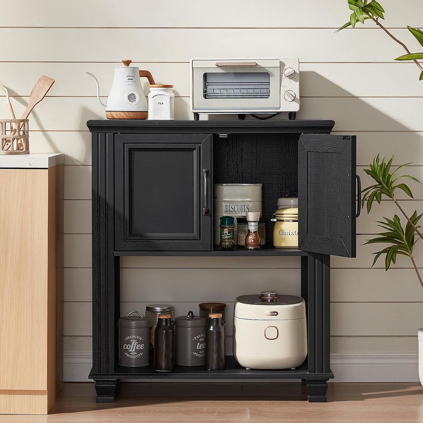 Farmhouse Coffee Bar Station with 2-Door Cabinet, Small Kitchen Cabinet with Open Lower Shelf, Entryway Table with Storage for Dining Room, Kitchen, Hallway, Living Room, Black